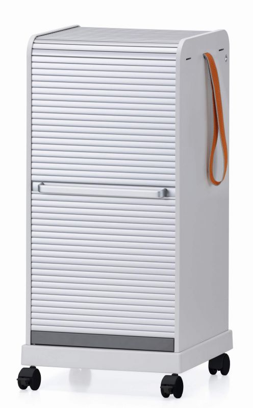 Weißer Vitra Rollcontainer "Follow Me 2" mit Rollladen und Tragegurt, Büromöbel auf Rollen.